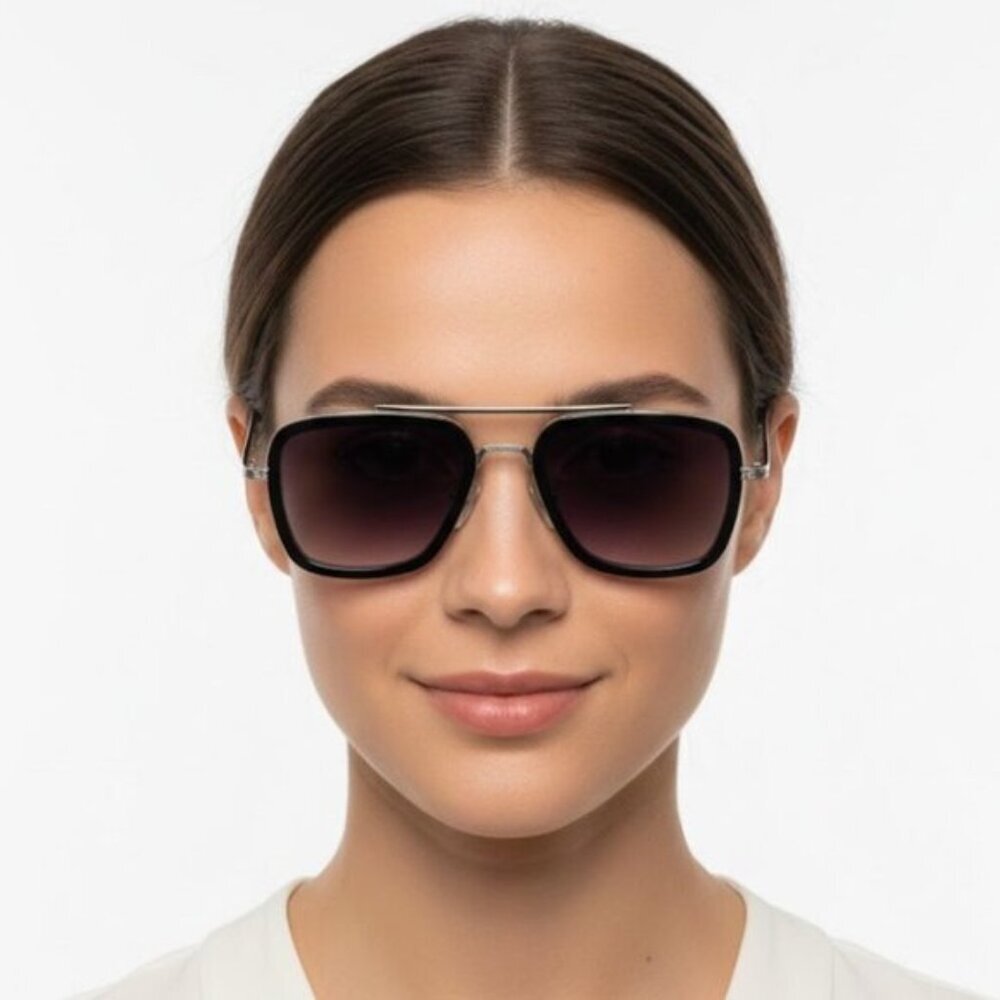 Unisex Black/Silver Aviator Square Sunglasses Medium